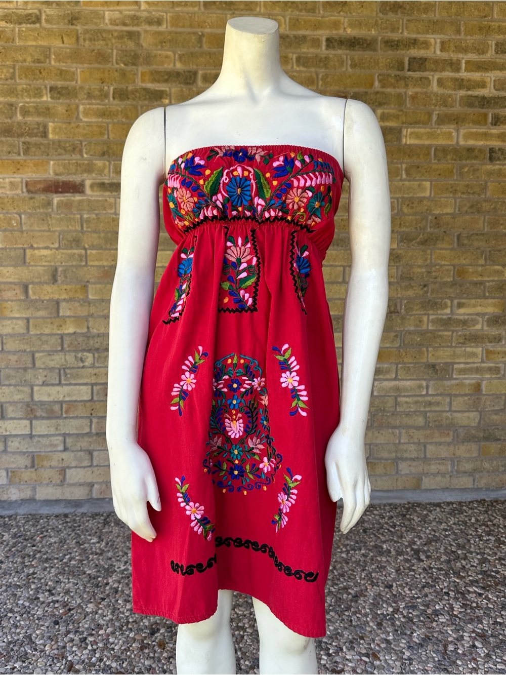 Hand Embroidered Red Mexican Dress | Strapless Fiesta 16 de Septiembre XS-S